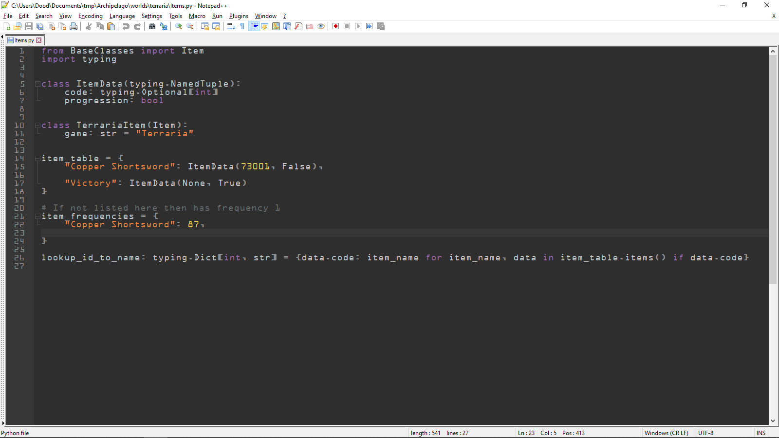 Example Items.py file open in Notepad++