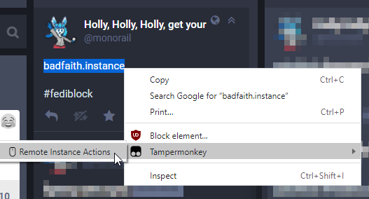 The userscript in action, suspending badfaith.instance.